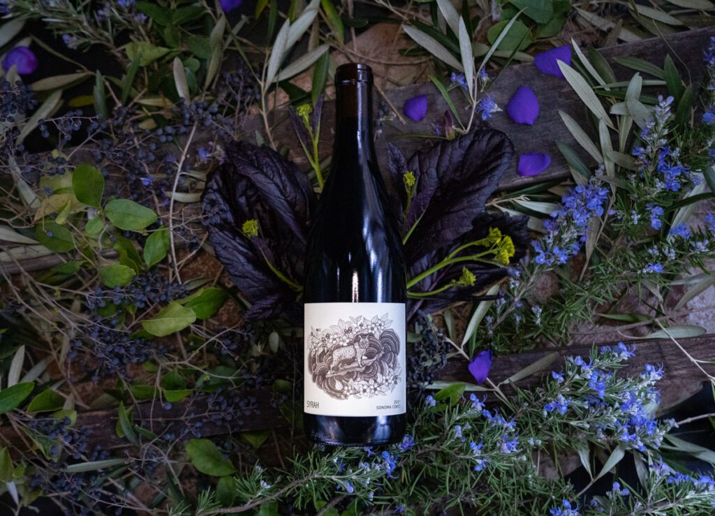 Syrah bottle in a bed of foliage